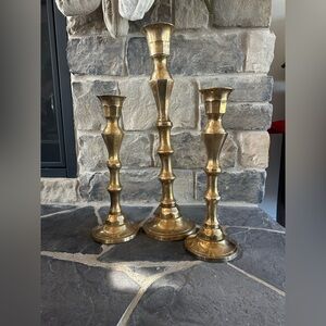 Vintage Regency Faceted Large Brass Candlesticks  India 22” 15” Set Of 3